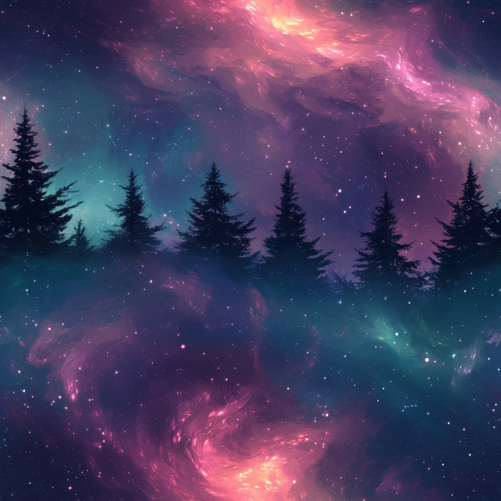 Aurora Starry Night Sky Pattern 28 Quilting Cotton Fabric, dark blue, purple, pink, teal colors, galaxy design, night sky, stars, silhouette trees, cosmic print, celestial theme, quilting fabric, cotton textile, fabric yardage, premium cotton, soft texture, artistic pattern, nature-inspired design