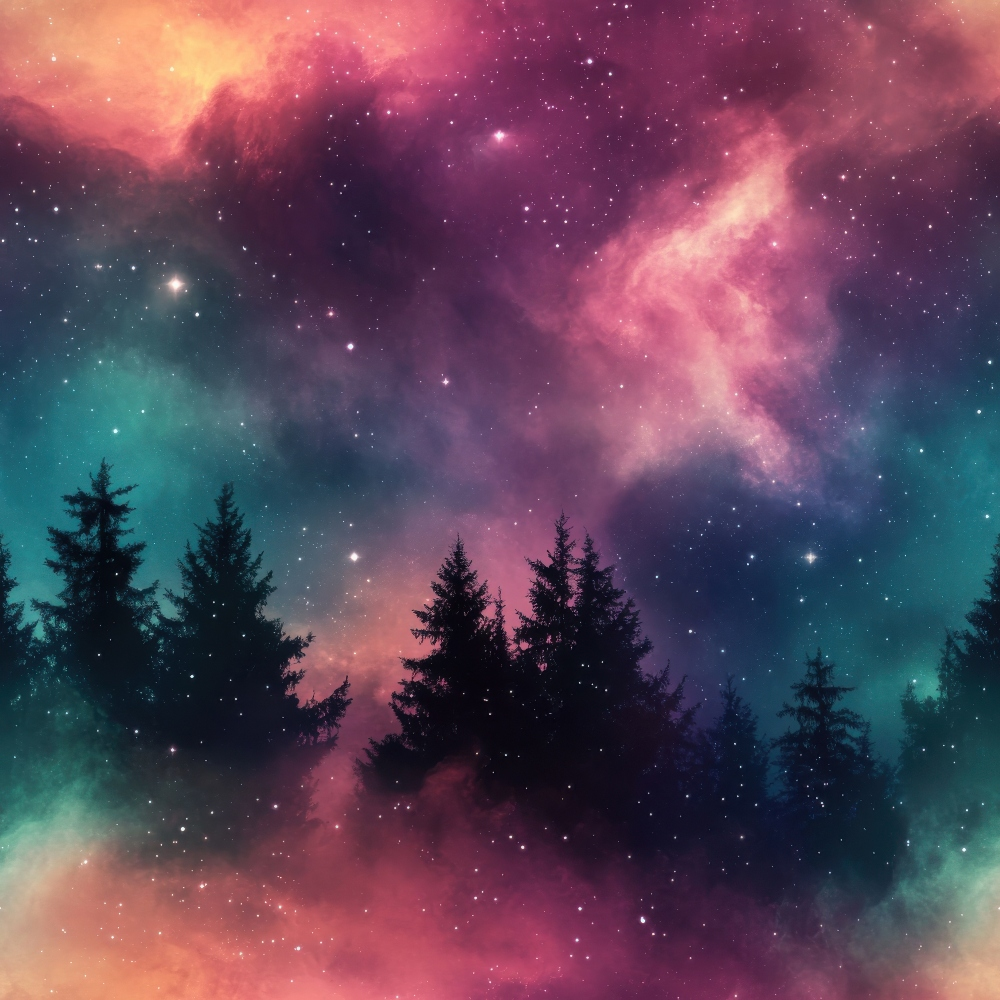 Aurora Starry Night Sky Pattern 29 Quilting Cotton Fabric featuring cosmic colors, starry, galaxy, night sky, silhouette trees, multicolor, dark blue, purple, orange, teal, celestial design, quilt fabric, cotton textile, vibrant colors, soft texture, premium quilting material.