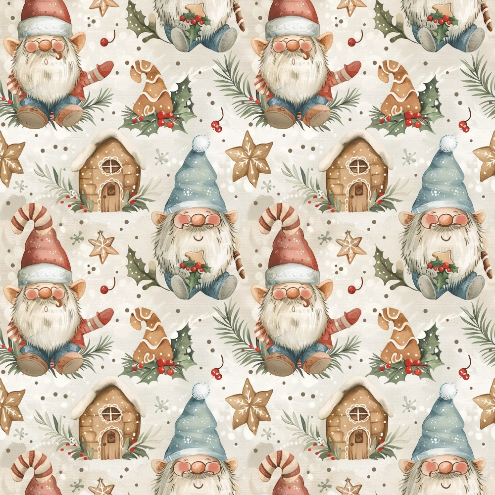 - Classic Christmas Gnomes Pattern 8 Quilting Cotton Fabric  
- Gnomes, Santa, holiday, festive  
- Gingerbread houses, cookies, stars  
- Red, blue, white, beige, green  
- Cotton, quilting, Christmas, seasonal  
- Whimsical, charming, cozy, traditional  
- Holly, berries, winter, decor