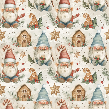 - Classic Christmas Gnomes Pattern 8 Quilting Cotton Fabric  
- Gnomes, Santa, holiday, festive  
- Gingerbread houses, cookies, stars  
- Red, blue, white, beige, green  
- Cotton, quilting, Christmas, seasonal  
- Whimsical, charming, cozy, traditional  
- Holly, berries, winter, decor