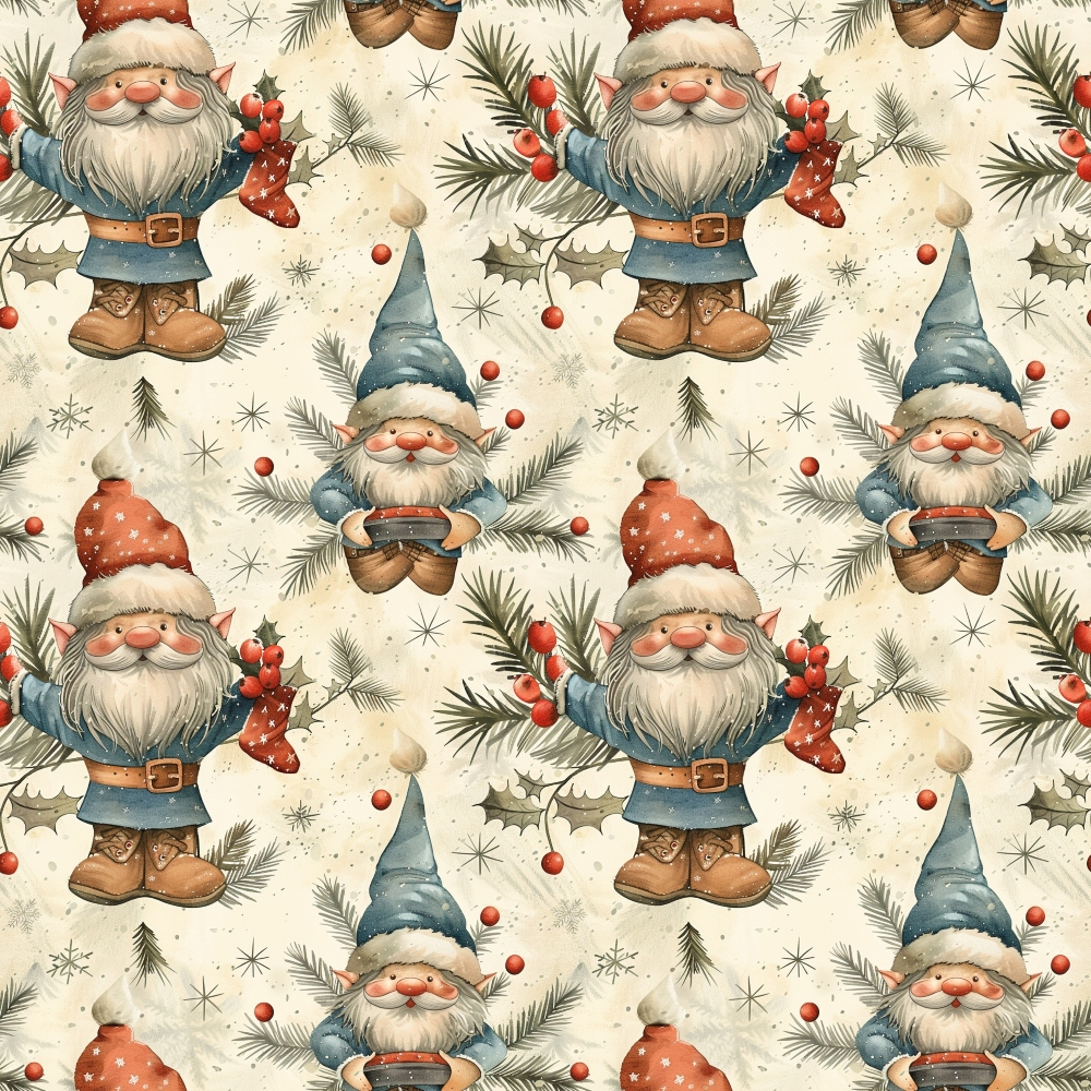 - Classic Christmas Gnomes Pattern 9 Quilting Cotton Fabric  
- Gnomes, Santa figures, holiday theme  
- Red, blue, beige, brown, green colors  
- Christmas berries, pine branches, winter foliage  
- Cute, whimsical, festive, seasonal  
- Cotton textile, quilting material, fabric yardage