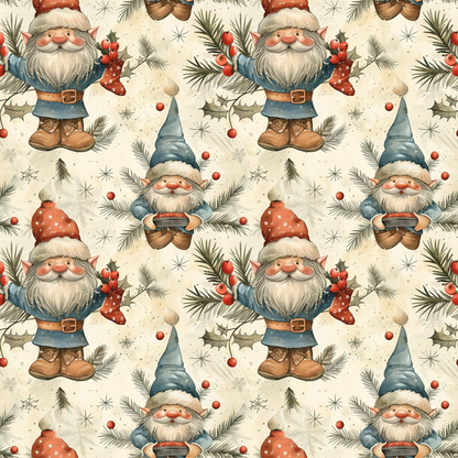 - Classic Christmas Gnomes Pattern 9 Quilting Cotton Fabric  
- Gnomes, Santa figures, holiday theme  
- Red, blue, beige, brown, green colors  
- Christmas berries, pine branches, winter foliage  
- Cute, whimsical, festive, seasonal  
- Cotton textile, quilting material, fabric yardage