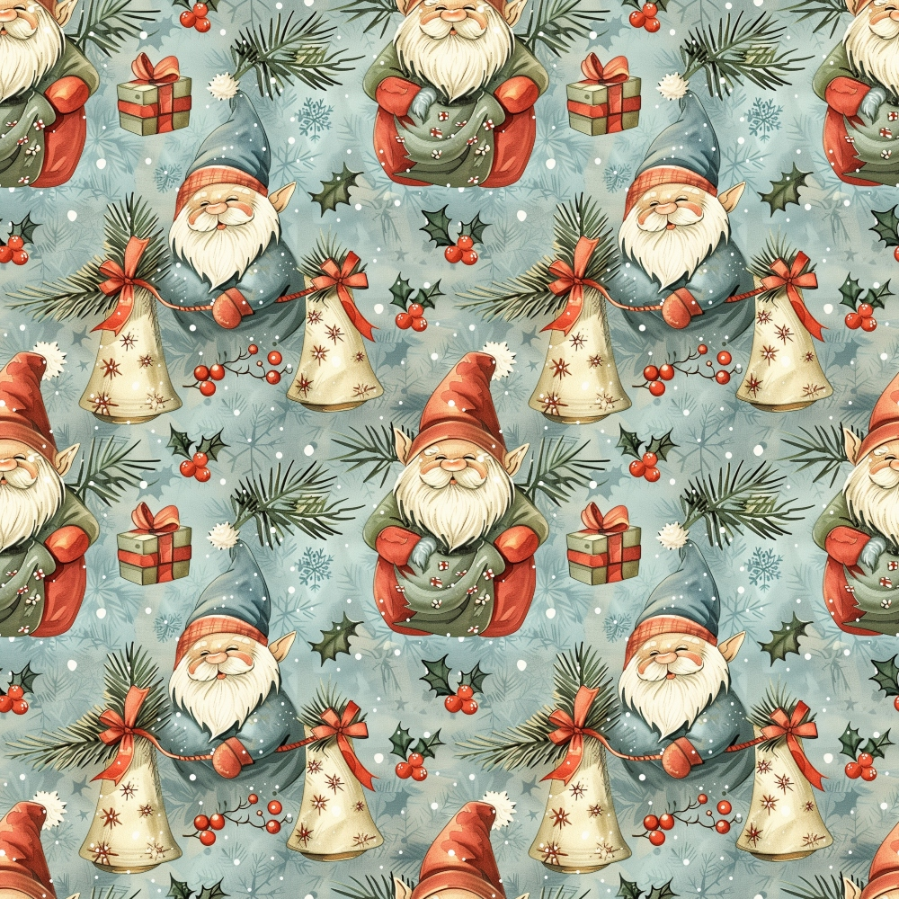 - Classic Christmas Gnomes Pattern 10 Quilting Cotton Fabric  
- whimsical gnomes  
- festive holiday design  
- red, green, blue, cream colors  
- Christmas gifts, pine branches, holly berries  
- playful, cozy, seasonal  
- quilting cotton material  
- charming winter motif