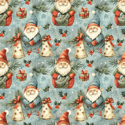- Classic Christmas Gnomes Pattern 10 Quilting Cotton Fabric  
- whimsical gnomes  
- festive holiday design  
- red, green, blue, cream colors  
- Christmas gifts, pine branches, holly berries  
- playful, cozy, seasonal  
- quilting cotton material  
- charming winter motif