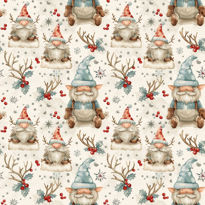 - Classic Christmas Gnomes Pattern 12 Quilting Cotton Fabric  
- Cream background  
- Red, blue, white, brown colors  
- Whimsical gnomes with hats, beards, rosy noses  
- Festive berries and antlers  
- Snowflakes, stars  
- Cozy, holiday, cotton fabric  
- Quilting material, seasonal theme  
- Charming, cheerful, decorative