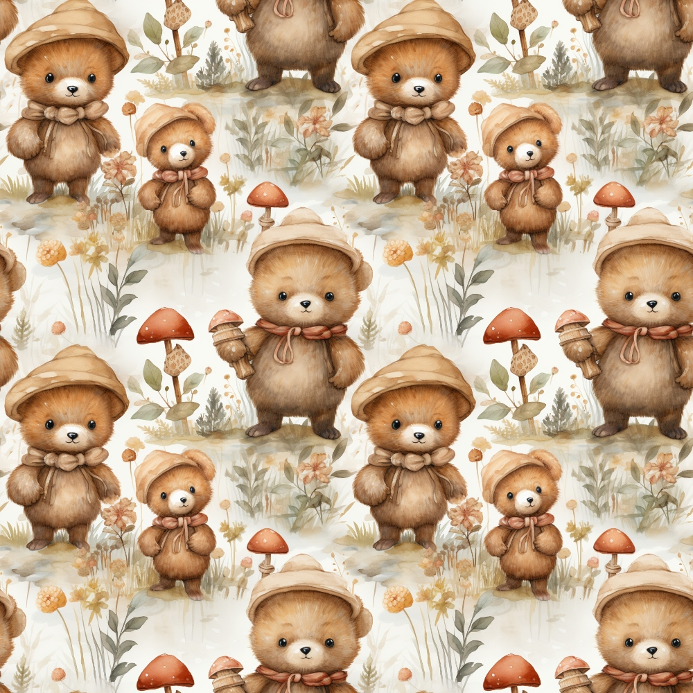 - Classic Teddy Bear Pattern 11 Quilting Cotton Fabric  
- Brown teddy bears  
- Beige, cream, and light brown tones  
- Cute animals  
- Whimsical mushroom and floral elements  
- Soft, natural colors  
- Cotton textile  
- Quilting design  
- Cozy, vintage style  
- Child-friendly print