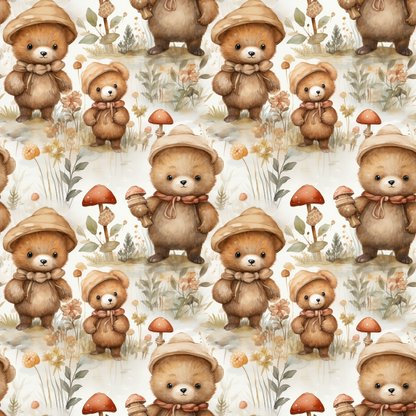 - Classic Teddy Bear Pattern 11 Quilting Cotton Fabric  
- Brown teddy bears  
- Beige, cream, and light brown tones  
- Cute animals  
- Whimsical mushroom and floral elements  
- Soft, natural colors  
- Cotton textile  
- Quilting design  
- Cozy, vintage style  
- Child-friendly print