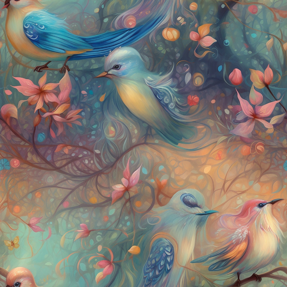 - Little Birdies and Flowers Pattern 5 Quilting Cotton Fabric  
- birds, blossoms, floral, nature, wildlife  
- pastel, blue, orange, pink, teal, yellow  
- whimsical, delicate, elegant, soft, artistic  
- quilting, cotton, fabric, textile, yardage