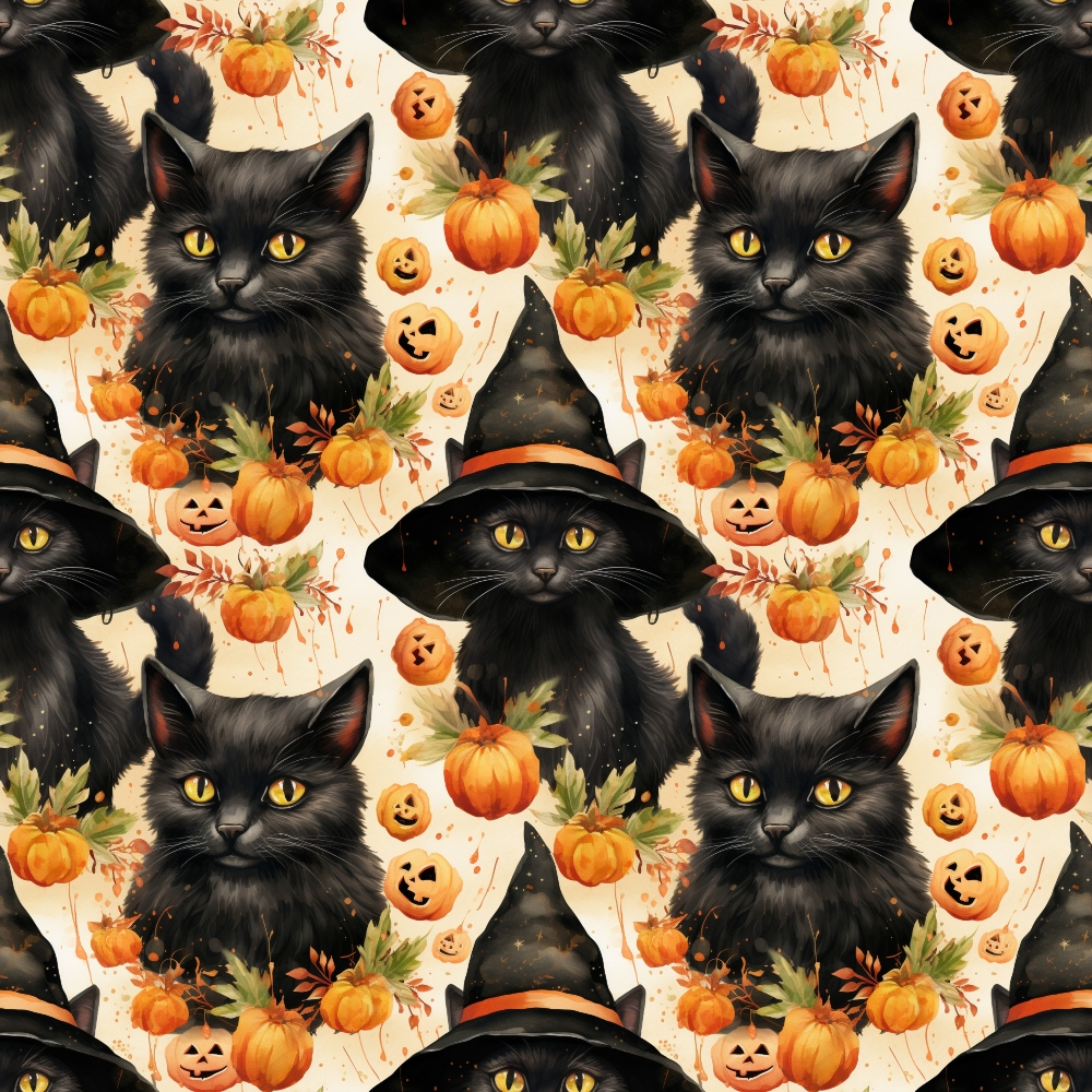 - Spooky Season Pattern 15 Quilting Cotton Fabric  
- black cats  
- orange pumpkins  
- jack-o'-lanterns  
- autumn leaves  
- Halloween theme  
- witch hats  
- cozy fabric  
- quilting cotton  
- fall colors  
- seasonal print  
- cute spooky design
