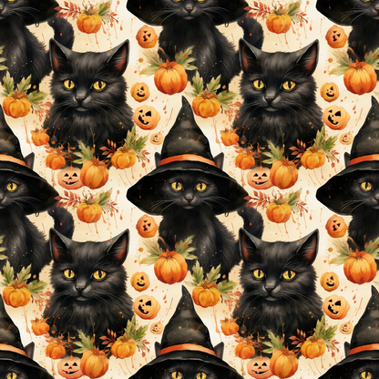 - Spooky Season Pattern 15 Quilting Cotton Fabric  
- black cats  
- orange pumpkins  
- jack-o'-lanterns  
- autumn leaves  
- Halloween theme  
- witch hats  
- cozy fabric  
- quilting cotton  
- fall colors  
- seasonal print  
- cute spooky design