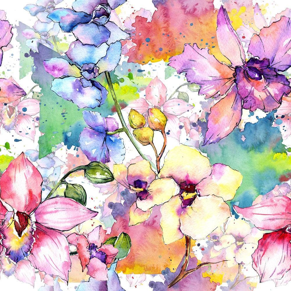 Aquarelle Orchid Flowers Pattern Quilting Cotton Fabric featuring watercolor floral designs, orchids, multicolor blooms including pink, purple, yellow, blue, green accents, vibrant splash, artistic, delicate petals, soft texture, premium quilting cotton textile, fabric yardage, handmade feel, decorative cotton material.