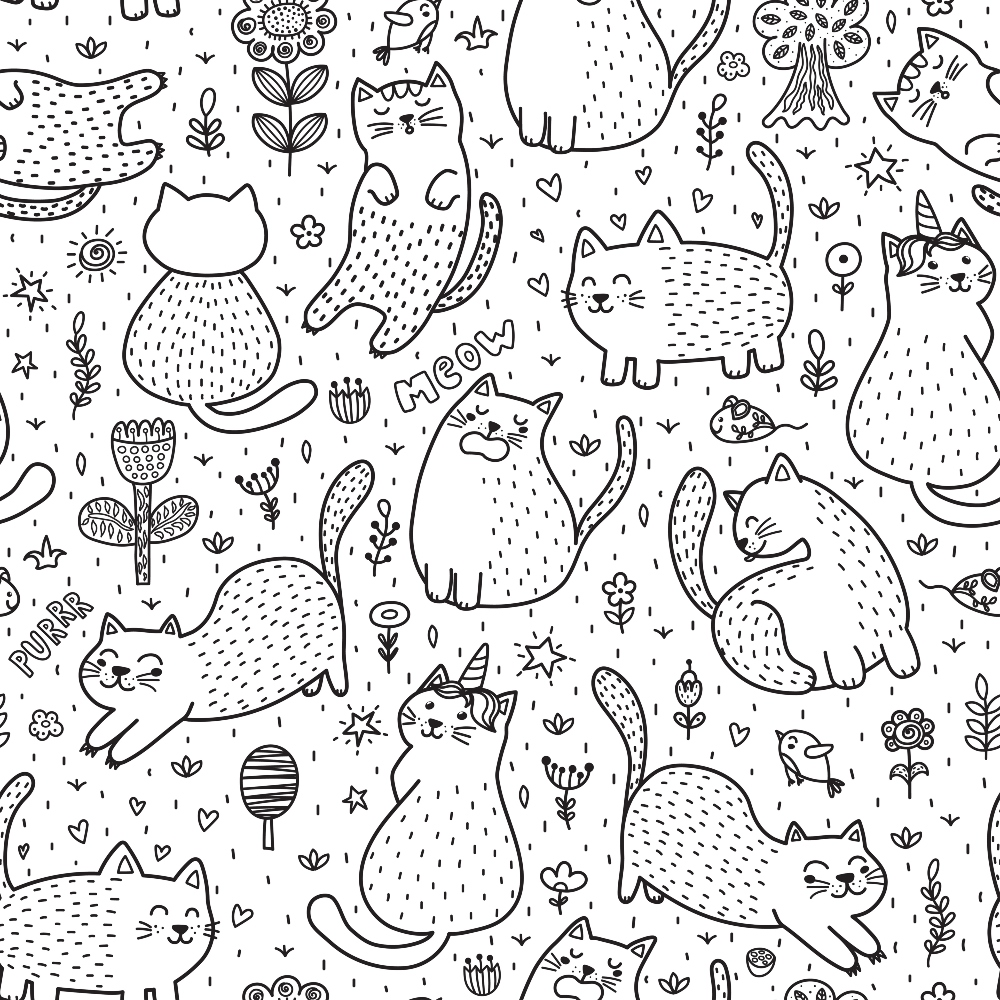 Black and White Cat Doodles Quilting Cotton Fabric