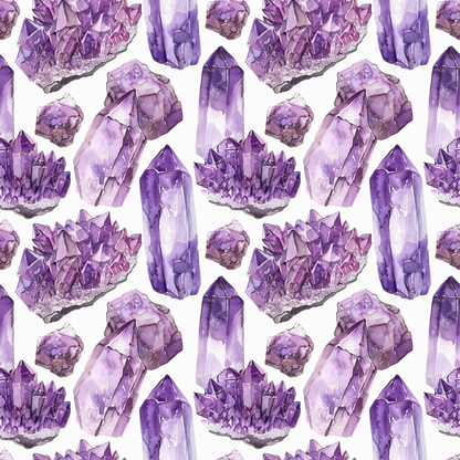 Amethyst Gemstones Pattern 1 Quilting Cotton Fabric features a purple gemstone design, crystal motifs, quartz textures, violet hues, mineral illustrations, seamless repeat, soft cotton material, natural stone pattern, artistic print, quilting fabric for crafts and sewing projects.