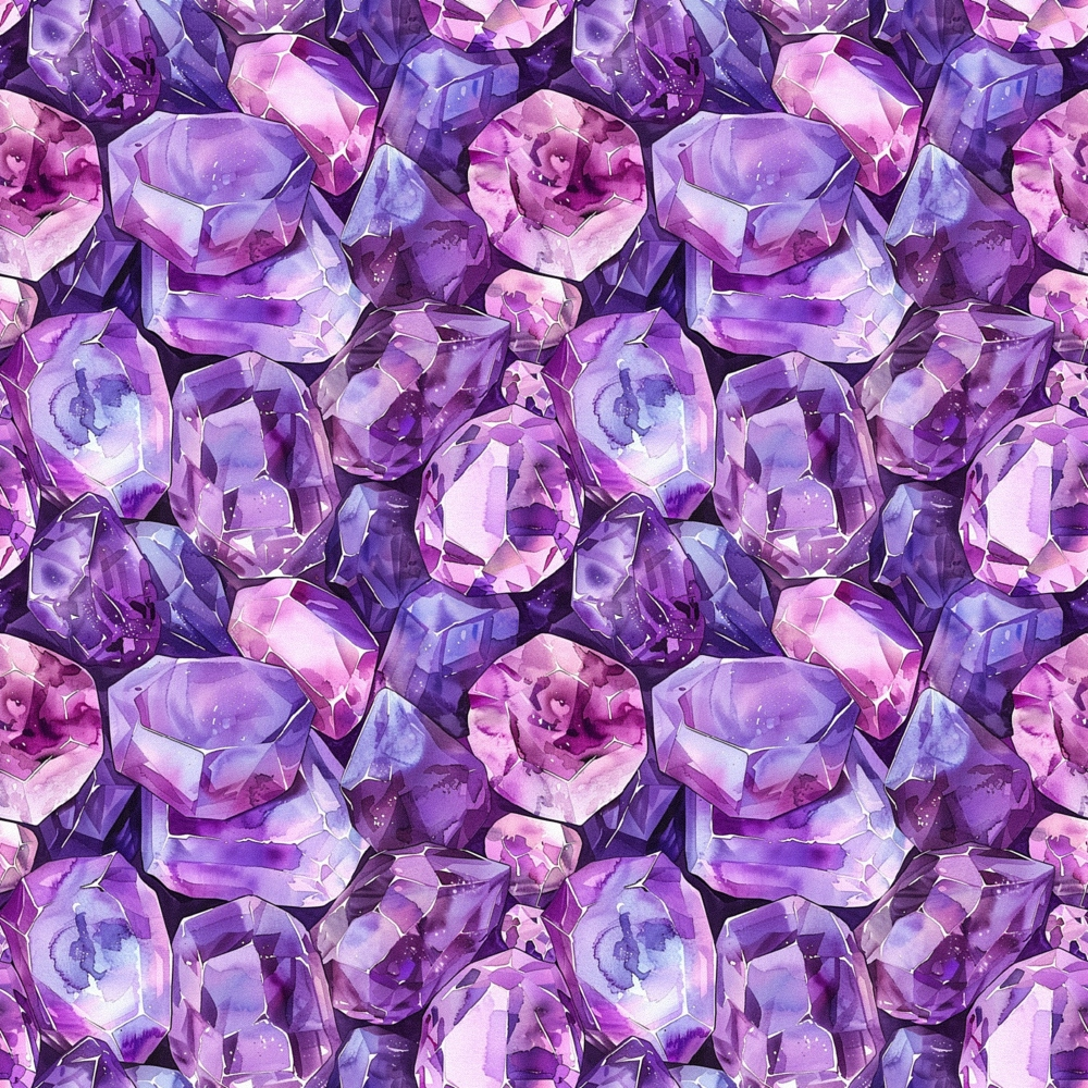 Amethyst Gemstones Pattern 6 Quilting Cotton Fabric featuring purple and lavender gemstone illustrations, crystal motifs, gemstone texture, jewel shapes, sparkling stones, vibrant purple hues, quilt cotton textile, fabric print, sewing material, craft cotton cloth, gemstone inspired design, artisanal cotton fabric.