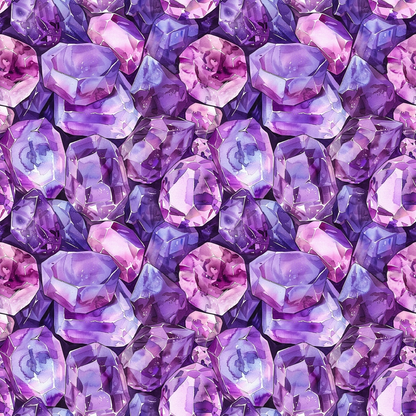 Amethyst Gemstones Pattern 6 Quilting Cotton Fabric featuring purple and lavender gemstone illustrations, crystal motifs, gemstone texture, jewel shapes, sparkling stones, vibrant purple hues, quilt cotton textile, fabric print, sewing material, craft cotton cloth, gemstone inspired design, artisanal cotton fabric.