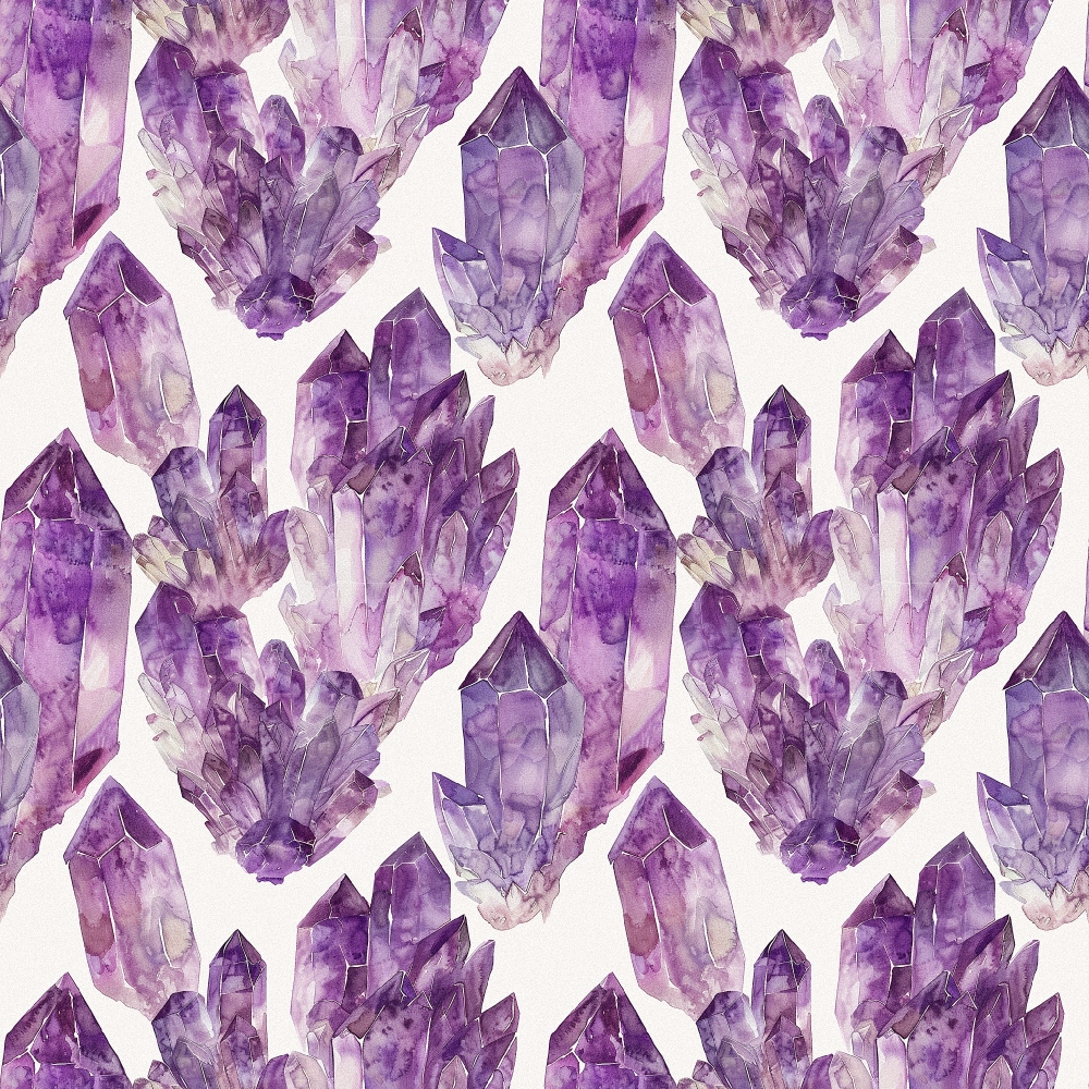 Amethyst Gemstones Pattern 9 Quilting Cotton Fabric featuring purple and lavender crystal clusters, gemstone motifs, white background, quilting material, cotton textile, gem-inspired design, mineral shapes, fabric for sewing projects, soft cotton fabric, quilting cotton textile.