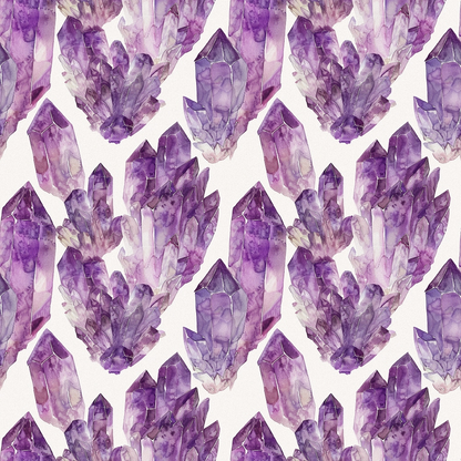 Amethyst Gemstones Pattern 9 Quilting Cotton Fabric featuring purple and lavender crystal clusters, gemstone motifs, white background, quilting material, cotton textile, gem-inspired design, mineral shapes, fabric for sewing projects, soft cotton fabric, quilting cotton textile.