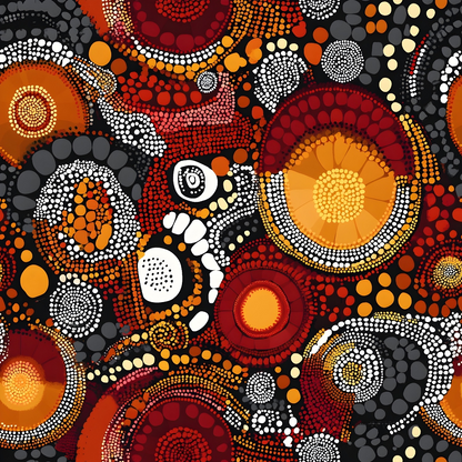 Aboriginal Circles and Dots Pattern 1 Quilting Cotton Fabric featuring circular and dotted motifs in red, orange, black, white, and yellow colors, traditional Indigenous inspired design, textured quilting cotton material, fabric piece ideal for sewing, quilting, and crafts projects, premium cotton textile.