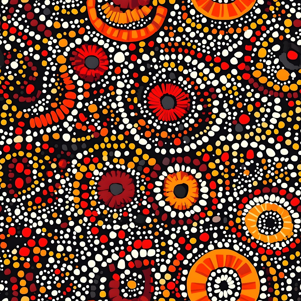Aboriginal Circles and Dots Pattern 2 Quilting Cotton Fabric featuring vibrant red, orange, white, and black colors, circular dots, concentric circles, traditional indigenous style, textile material, quilting textile, cotton material, fabric yardage, ethnic design, handcrafted look.
