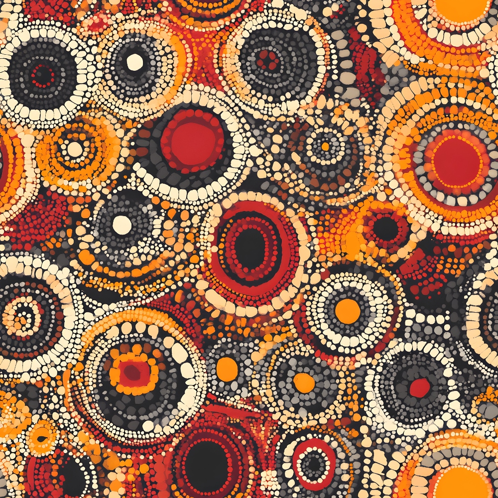 Aboriginal Circles and Dots Pattern 3 Quilting Cotton Fabric featuring circular motifs, dot clusters, earth tones, warm colors, beige, black, red, orange, yellow, tribal inspired design, traditional style, quilting material, cotton textile.