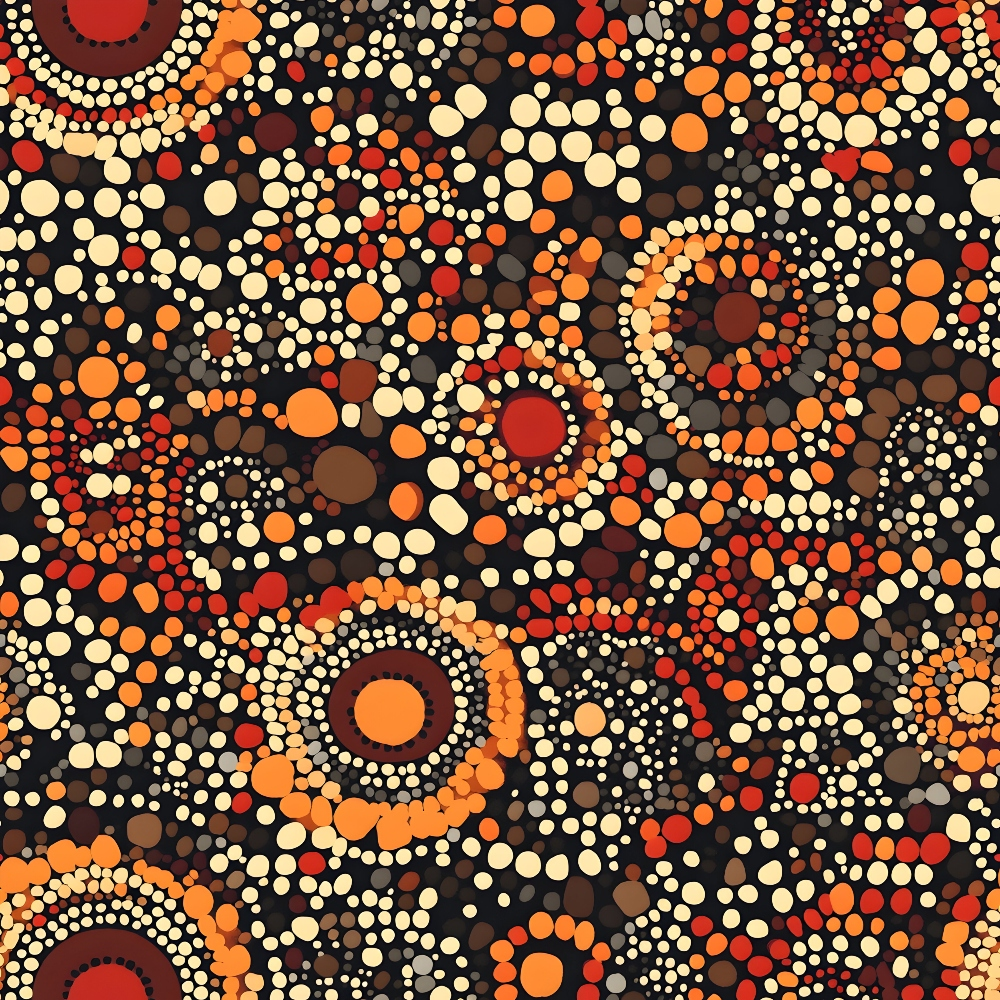 Aboriginal Circles and Dots Pattern 4 Quilting Cotton Fabric featuring circular and dotted motifs in warm tones of orange, red, cream, and brown, tribal-inspired design, textured appearance, traditional aboriginal style, soft cotton textile, quilting material, artistic and cultural fabric pattern.