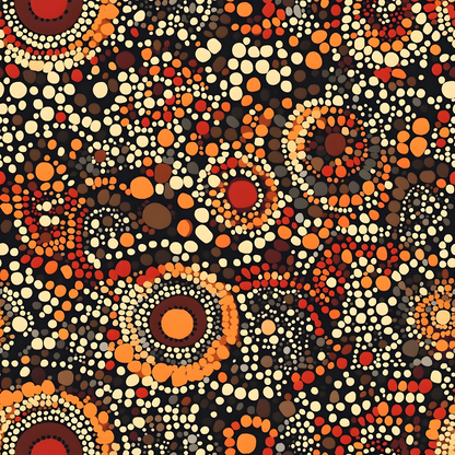 Aboriginal Circles and Dots Pattern 4 Quilting Cotton Fabric featuring circular and dotted motifs in warm tones of orange, red, cream, and brown, tribal-inspired design, textured appearance, traditional aboriginal style, soft cotton textile, quilting material, artistic and cultural fabric pattern.