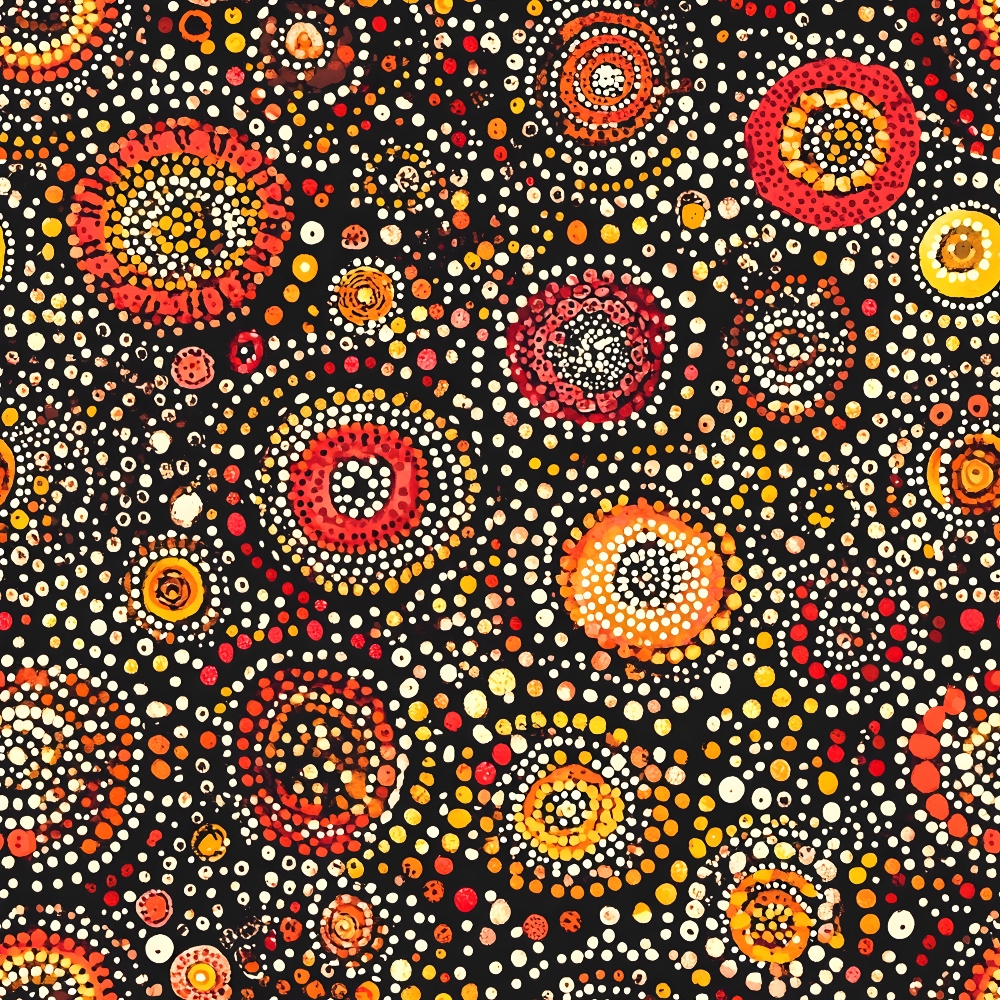 Aboriginal Circles and Dots Pattern 5 Quilting Cotton Fabric featuring vibrant orange, red, yellow, cream, and black colors, circular dotted designs, traditional Aboriginal style, quilting fabric, cotton textile, craft fabric, premium material, colorful spots, artistic print, handmade inspired pattern.
