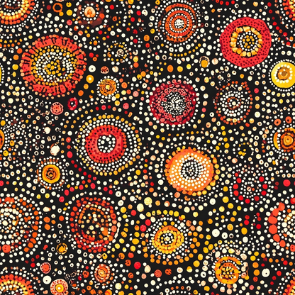 Aboriginal Circles and Dots Pattern 5 Quilting Cotton Fabric featuring vibrant orange, red, yellow, cream, and black colors, circular dotted designs, traditional Aboriginal style, quilting fabric, cotton textile, craft fabric, premium material, colorful spots, artistic print, handmade inspired pattern.