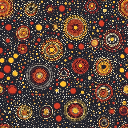 Aboriginal Circles and Dots Pattern 6 Quilting Cotton Fabric with circular motifs, dot clusters, traditional indigenous design, warm colors, orange, red, yellow, black background, textile material, quilting cotton, craft fabric, vibrant, soft texture, printed fabric yardage.
