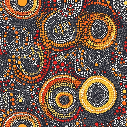 Aboriginal Circles and Dots Pattern 7 Quilting Cotton Fabric, quilting fabric, cotton textile, traditional Aboriginal dot art, circular motifs, orange, yellow, red, white, black colors, vibrant design, premium quilting cotton, fabric yardage, soft texture