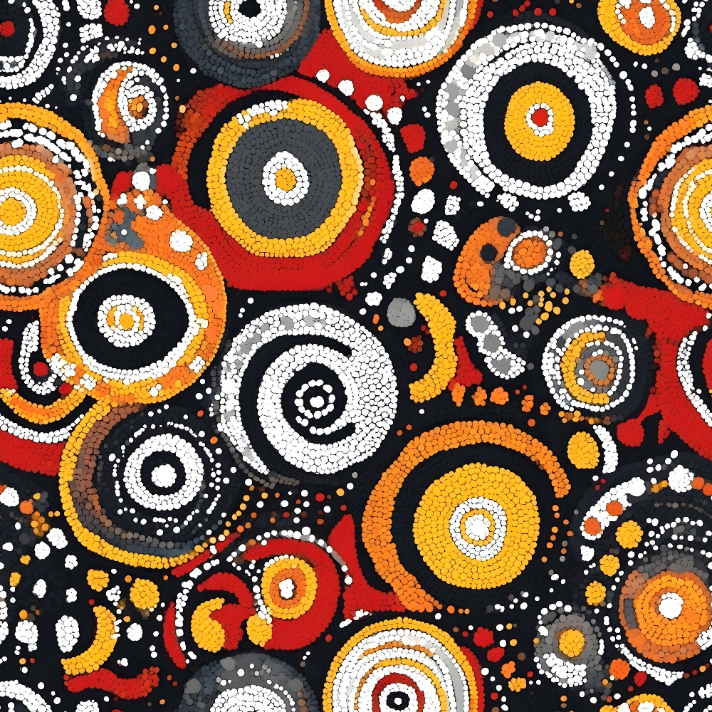 Aboriginal Circles and Dots Pattern 11 Quilting Cotton Fabric featuring circular motifs, dot clusters, traditional aboriginal design, colors orange, red, yellow, white, black, quilting, cotton textile, soft fabric, vibrant print, crafting material, premium cotton fabric, fabric yardage, sewing supplies.