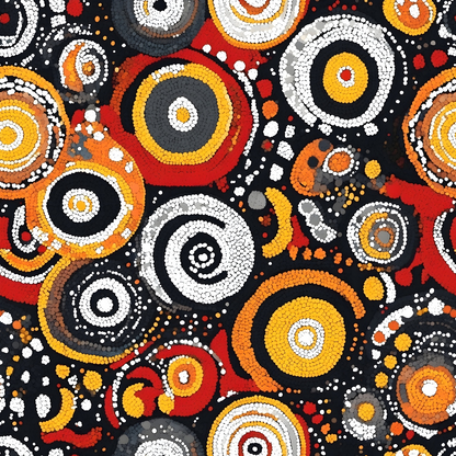 Aboriginal Circles and Dots Pattern 11 Quilting Cotton Fabric featuring circular motifs, dot clusters, traditional aboriginal design, colors orange, red, yellow, white, black, quilting, cotton textile, soft fabric, vibrant print, crafting material, premium cotton fabric, fabric yardage, sewing supplies.