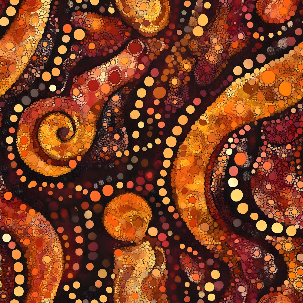 Aboriginal Circles and Dots Pattern 15 Quilting Cotton Fabric featuring abstract circular designs in warm autumn colors such as orange, yellow, red, and brown. Textile with traditional dot motifs, earth tones, concentric circles, and organic shapes. Quilting cotton fabric ideal for crafting and sewing projects.