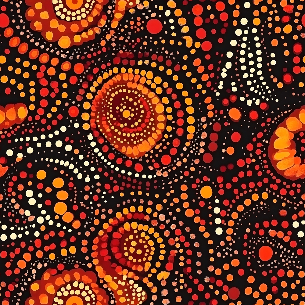 Aboriginal Circles and Dots Pattern 16 Quilting Cotton Fabric featuring circular designs, dot motifs, orange, red, yellow, cream colors, traditional inspired print, textile, premium quilting cotton, sewing material, vibrant fabric, craft textile.