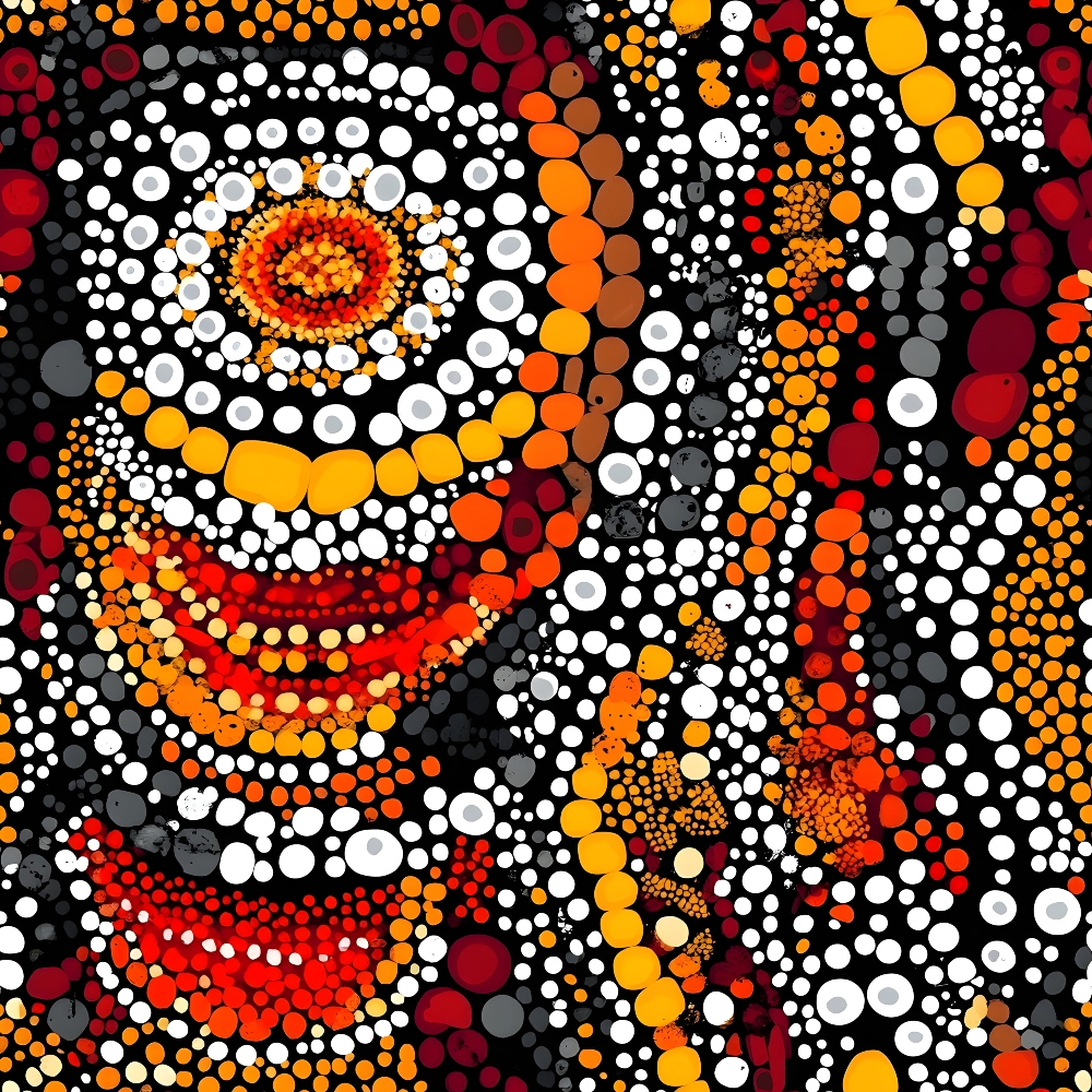 Aboriginal Circles and Dots Pattern 17 Quilting Cotton Fabric showing vibrant circular design with orange, red, white, yellow, gray, and black dots forming traditional Aboriginal style motifs on quilting cotton textile.