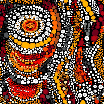 Aboriginal Circles and Dots Pattern 17 Quilting Cotton Fabric showing vibrant circular design with orange, red, white, yellow, gray, and black dots forming traditional Aboriginal style motifs on quilting cotton textile.