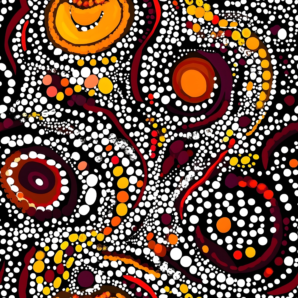 Aboriginal Circles and Dots Pattern 18 Quilting Cotton Fabric featuring vibrant circular and dot motifs in orange, yellow, red, and white on a black background; traditional indigenous inspired design, cotton fabric, quilting material, artistic textile with colorful abstract shapes and swirling dotted patterns.
