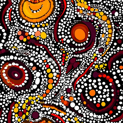 Aboriginal Circles and Dots Pattern 18 Quilting Cotton Fabric featuring vibrant circular and dot motifs in orange, yellow, red, and white on a black background; traditional indigenous inspired design, cotton fabric, quilting material, artistic textile with colorful abstract shapes and swirling dotted patterns.