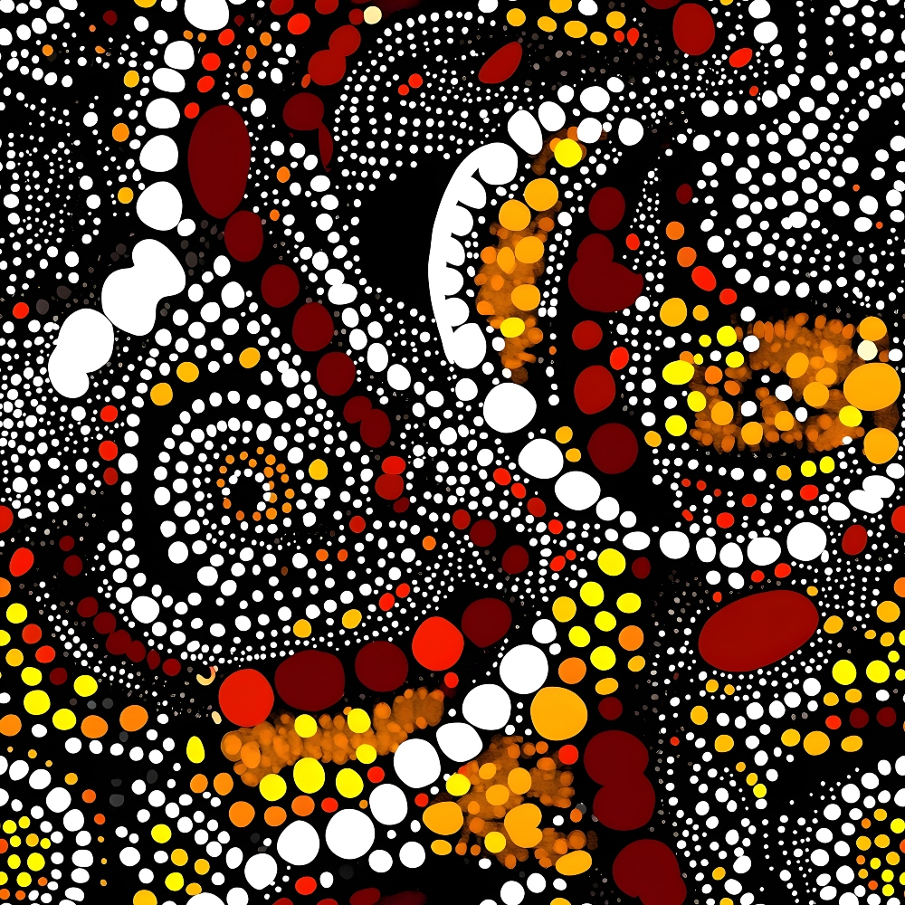Aboriginal Circles and Dots Pattern 19 Quilting Cotton Fabric featuring abstract circular and dot motifs in black, white, red, yellow, and orange colors, tribal design, traditional style, textile print, quilting material, colorful fabric with ethnic pattern, premium cotton textile.