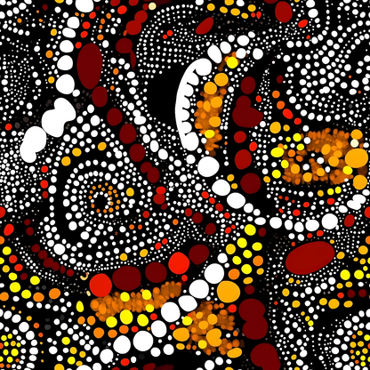 Aboriginal Circles and Dots Pattern 19 Quilting Cotton Fabric featuring abstract circular and dot motifs in black, white, red, yellow, and orange colors, tribal design, traditional style, textile print, quilting material, colorful fabric with ethnic pattern, premium cotton textile.