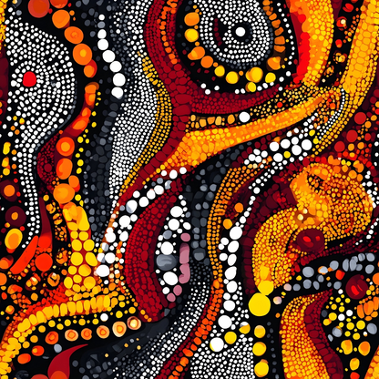Aboriginal Circles and Dots Pattern 20 Quilting Cotton Fabric featuring vibrant orange, red, yellow, black, and white colors with circular and dot motifs, traditional Aboriginal art-inspired design, cotton textile suitable for quilting projects, premium fabric texture, abstract pattern, ethnic style fabric yardage.