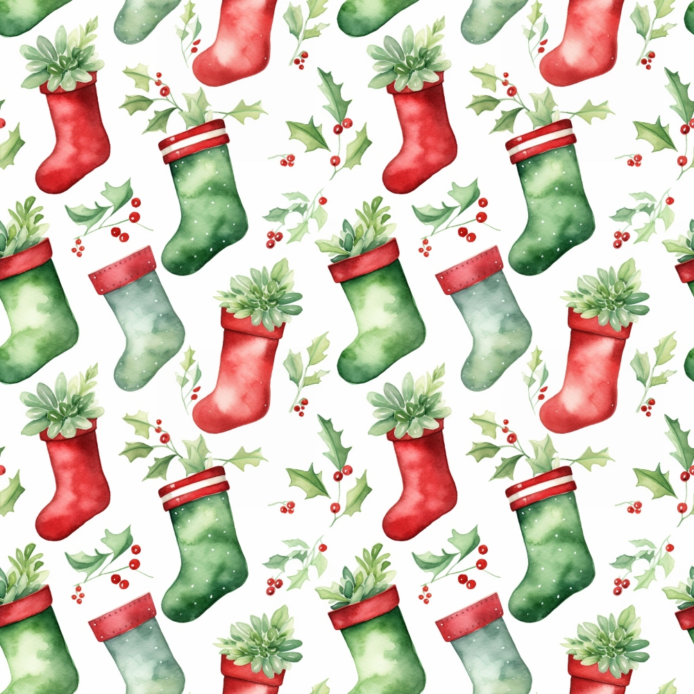 - Red and Green Watercolor Christmas Pattern 10 Quilting Cotton Fabric - Christmas stockings - Holiday fabric - Festive colors - Watercolor design - Cotton textile - Quilting material - Seasonal pattern - Green foliage - Red berries - Soft texture - Decorative fabric - Crafting cotton - Christmas theme
