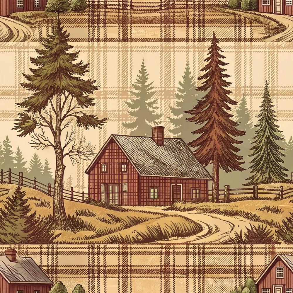 - Rustic Country Farmhouse Plaid Pattern 6 Quilting Cotton Fabric  
- Country home, cabin, woodland  
- Pine trees, evergreen, rural landscape  
- Beige, brown, cream, green, tan colors  
- Plaid, checkered, tartan, woven textile  
- Quilting, cotton, sewing, craft fabric