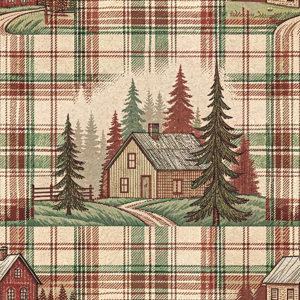 - Rustic Country Farmhouse Plaid Pattern 9 Quilting Cotton Fabric  
- Plaid, checkered, tartan  
- Red, green, beige, cream, brown  
- Country, farmhouse, cabin, cottage  
- Pine trees, forest, landscape, nature  
- Quilting, cotton, textile, yardage