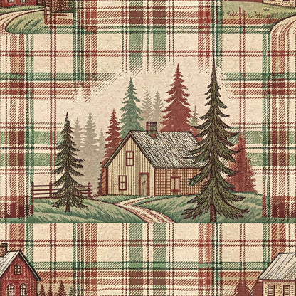 - Rustic Country Farmhouse Plaid Pattern 9 Quilting Cotton Fabric  
- Plaid, checkered, tartan  
- Red, green, beige, cream, brown  
- Country, farmhouse, cabin, cottage  
- Pine trees, forest, landscape, nature  
- Quilting, cotton, textile, yardage