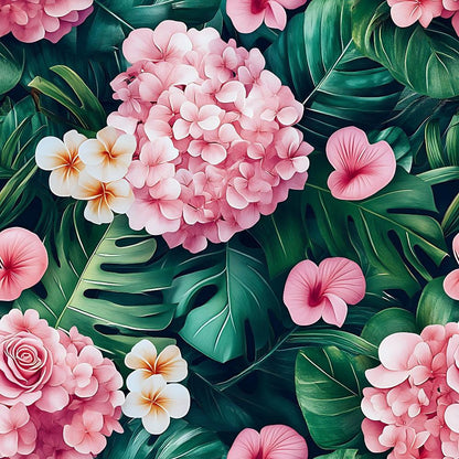 Pink Flowers and Tropical Leaves Pattern 2 Quilting Cotton Fabric