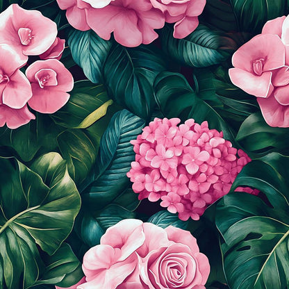 Pink Flowers and Tropical Leaves Pattern 3 Quilting Cotton Fabric