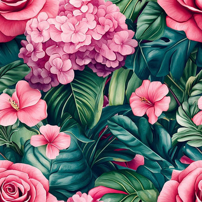 Pink Flowers and Tropical Leaves Pattern 10 Quilting Cotton Fabric