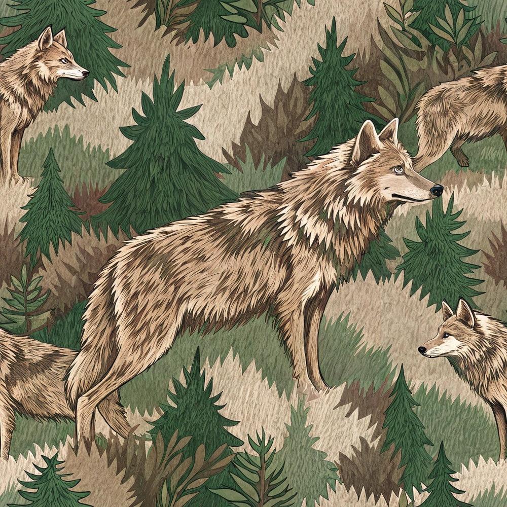 Animal Fur Camo Pattern 1 Quilting Cotton Fabric featuring brown and tan wolves, green pine trees, woodland camouflage, nature-inspired design, earthy tones, quilting textile, cotton material, animal print fabric, rustic style.