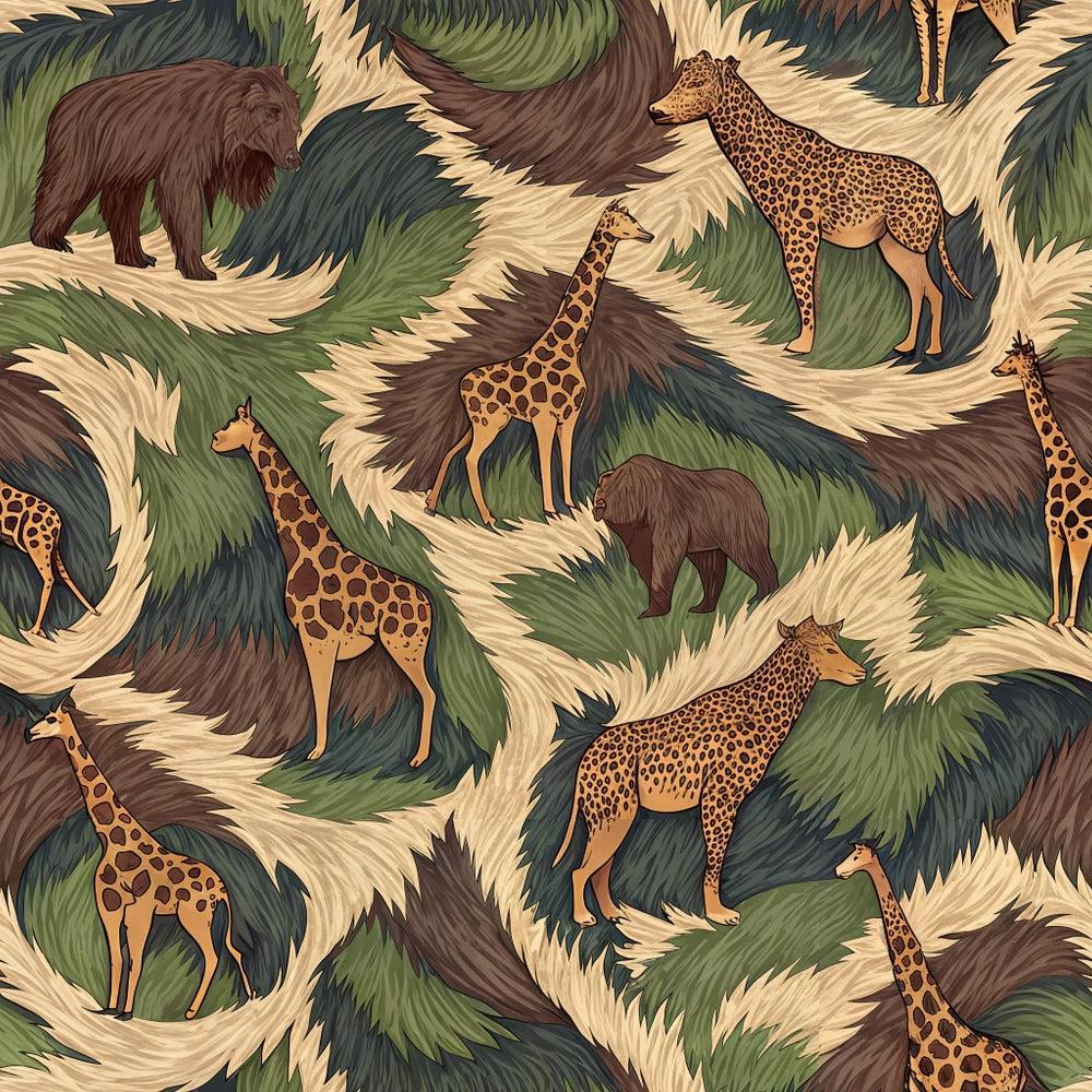 Animal Fur Camo Pattern 2 Quilting Cotton Fabric featuring natural colors green, brown, beige with animal motifs including giraffes, bears, and hyenas in camo style, quilting cotton material, wildlife design, textured fur appearance, soft cotton textilefor quilting projects and crafts.